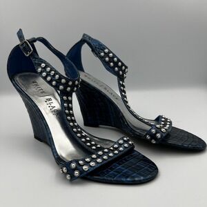 White House Black Market Paris Blue Studded Ankle‎ Strap Wedges Size 9.5